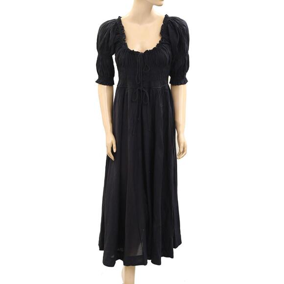 Doen Ischia Maxi Dress Smocked Puff Sleeve Solid Ruffle Badydoll Navy S 275610 - Picture 10 of 15